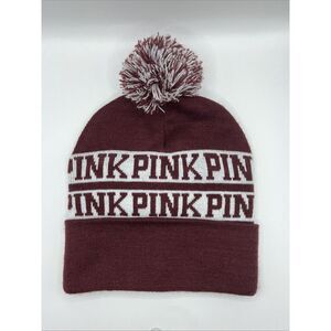 Victoria's Secret Women's Winter PINK Logo Knit Pom-Pom Beanie Hat Maroon White